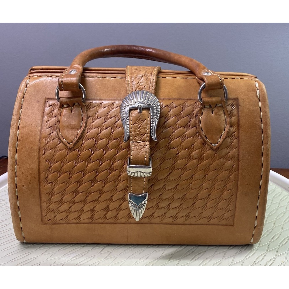 Force Ten Vtg Hand Tooled Leather Western Doctor Bag Satchel Purse 7.5x10x5"
